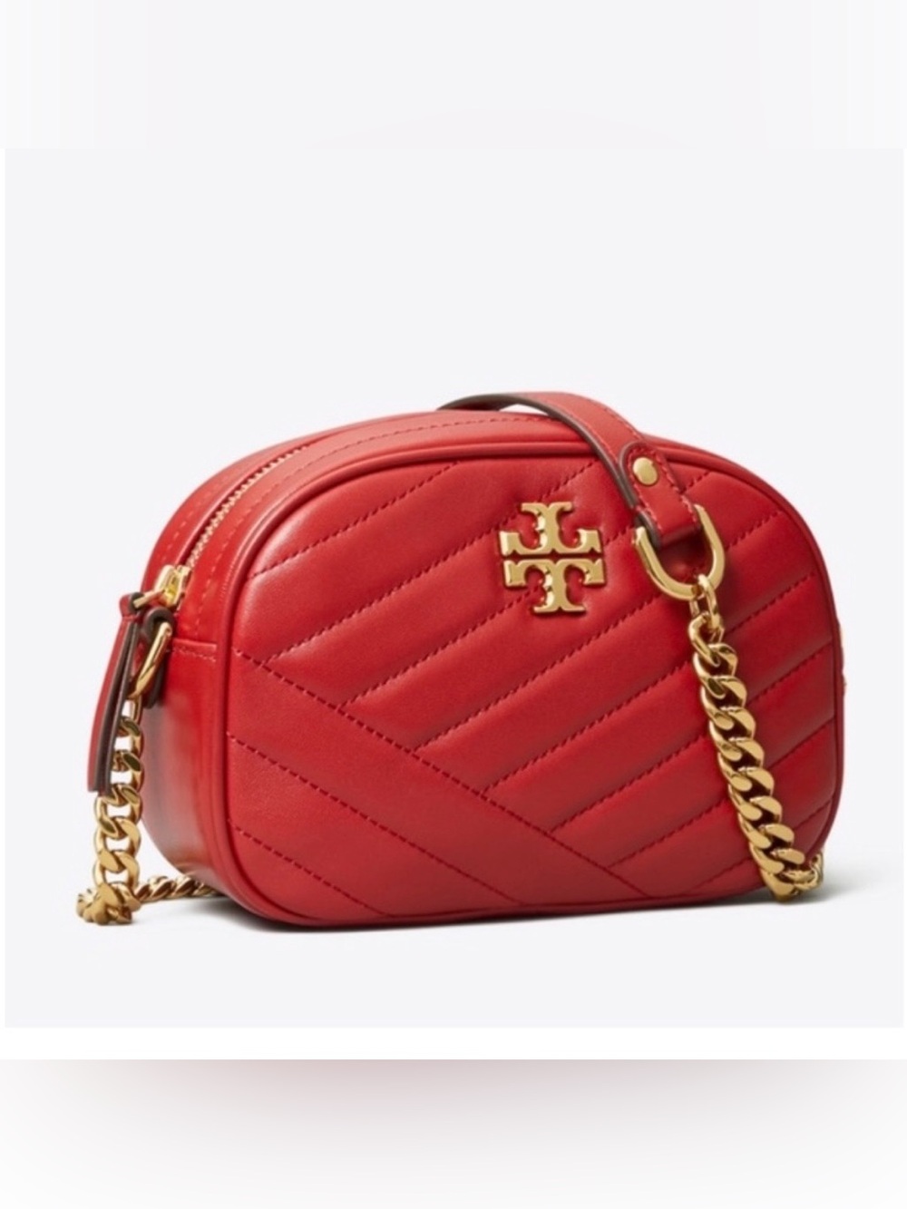 Tory Burch Kira Chevron Apple Red Leather Small Camera/Crossbody Bag Gold Chain